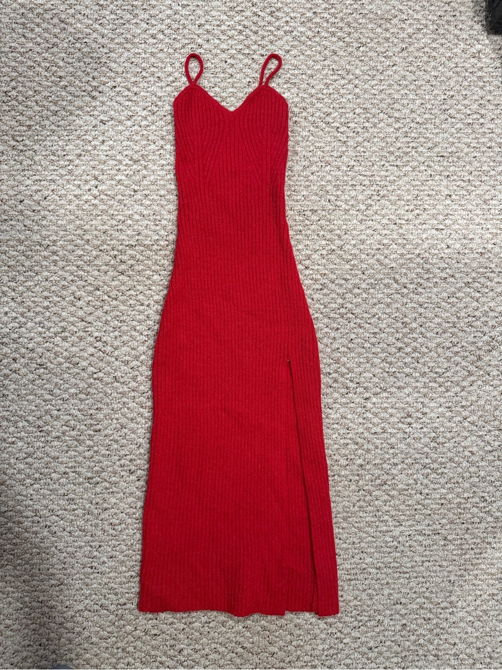 Cider Red Ribbed Midi Sweater Dress with Side Slit